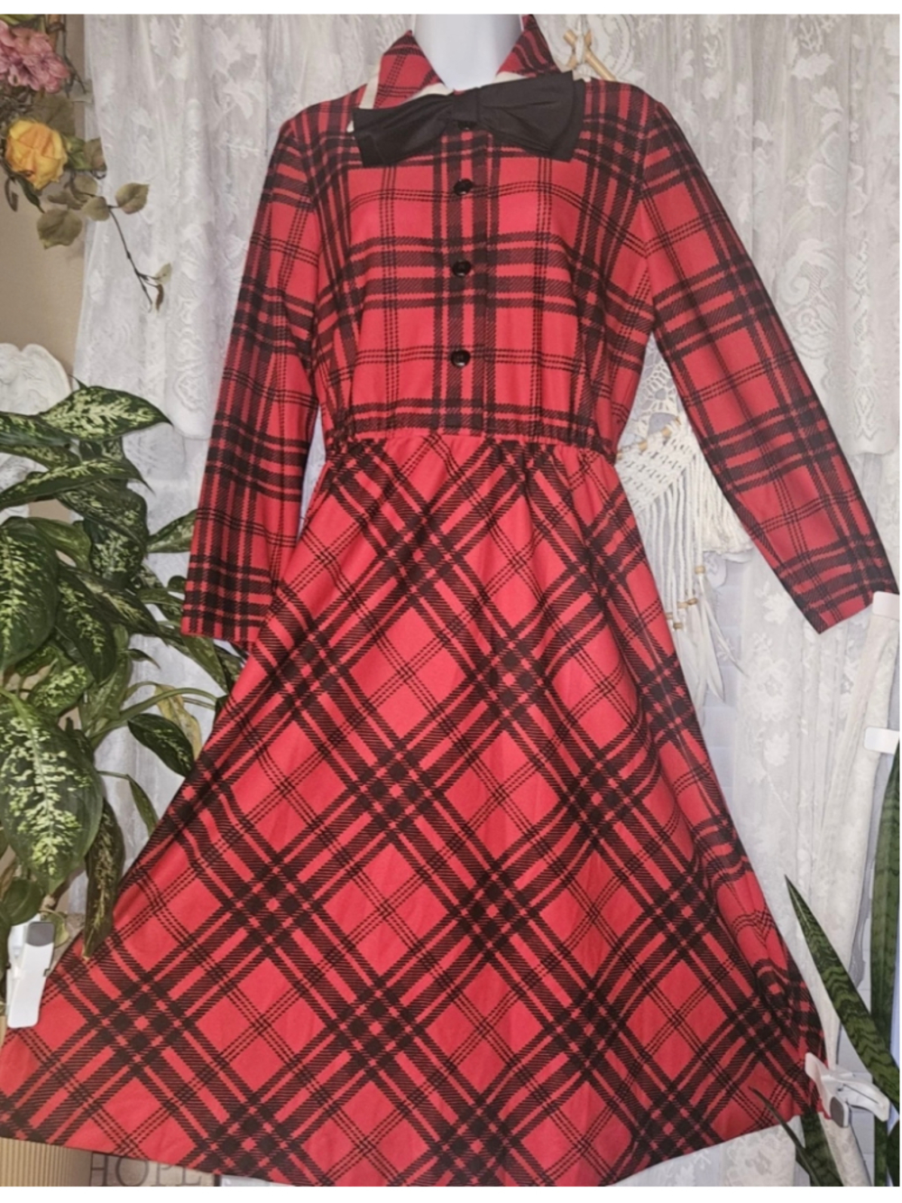 Vintage Herman Marcus Red Tartan Plaid Bow Midi Dress XS USA Made - Picture 3 of 10